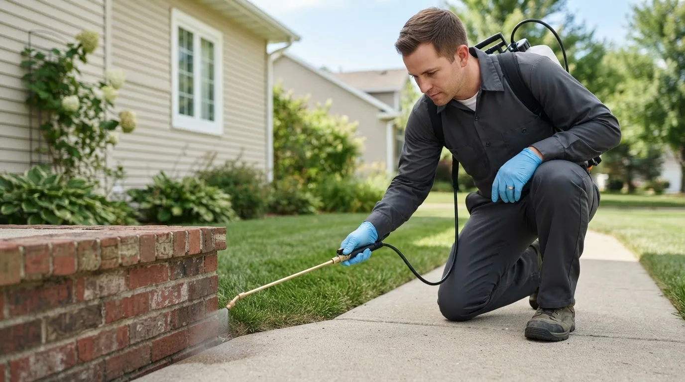 Pest control technician treating a home near Mannsville, OK