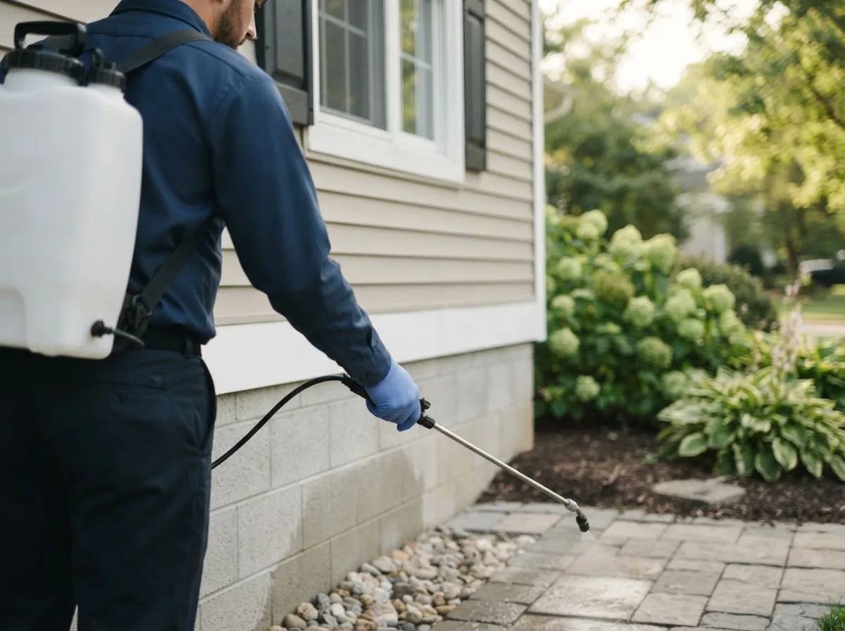 Pest control technician inspecting a home in Mannsville, OK
